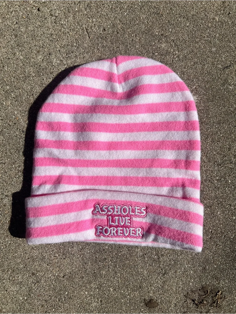 Pink & White Striped Beanie Hat with Embroidered Slogan